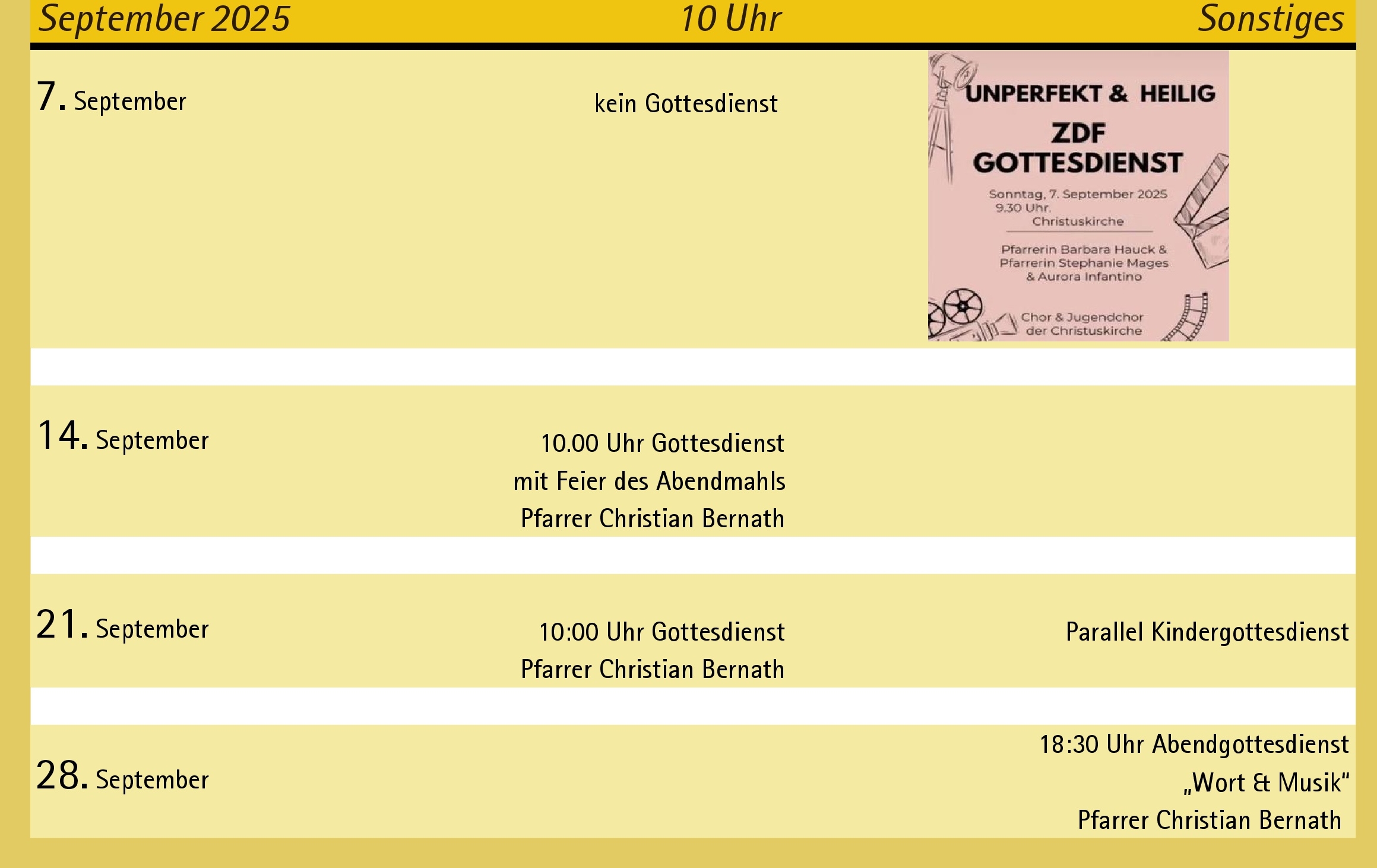 Gottesdienst Liste Septtember 2025