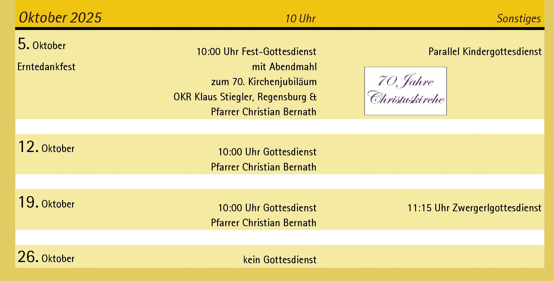 Gottesdienst Liste Oktober 2025