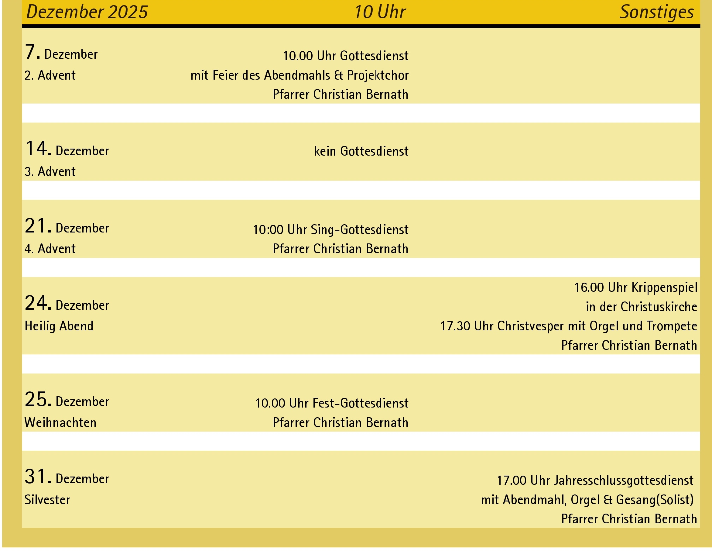 Gottesdienst Liste Dezember 2025