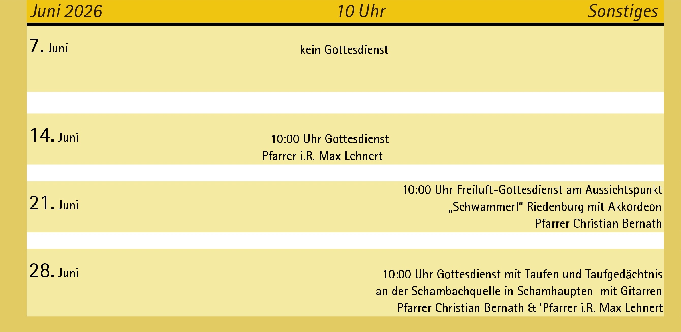 Gottesdienst Liste Juni 2026