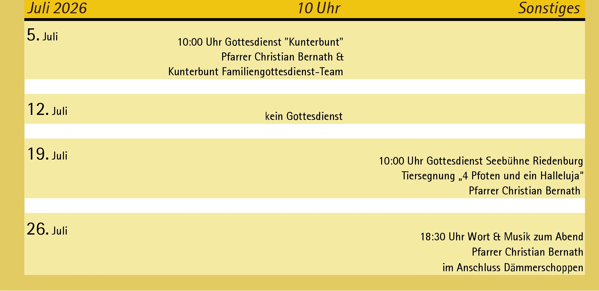 Gottesdienst Liste Juli 2026