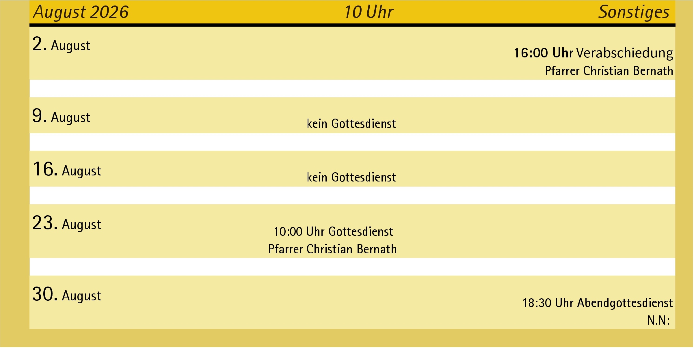 Gottesdienst Liste August 2026
